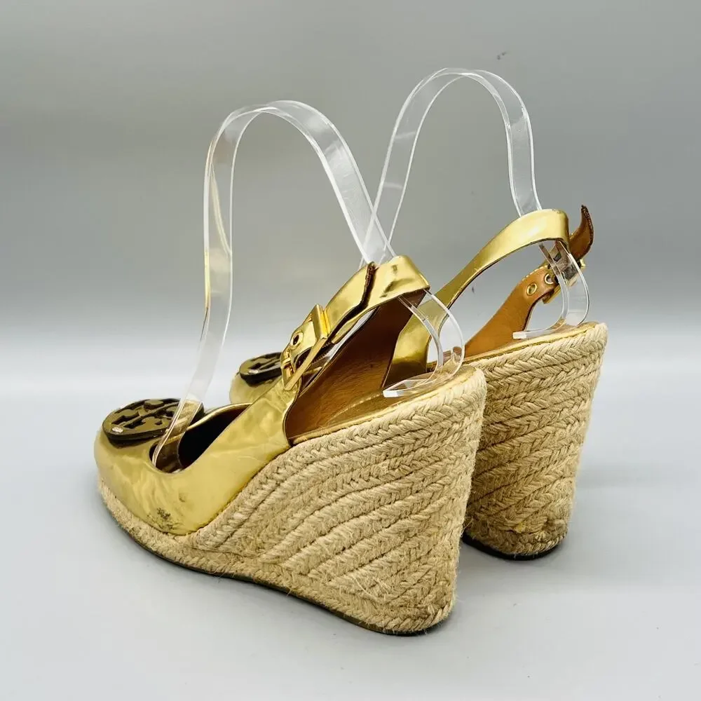 Tory Burch Shoes Womens 7 Gold Leather Slingback Espadrille Wedge Heels Logo